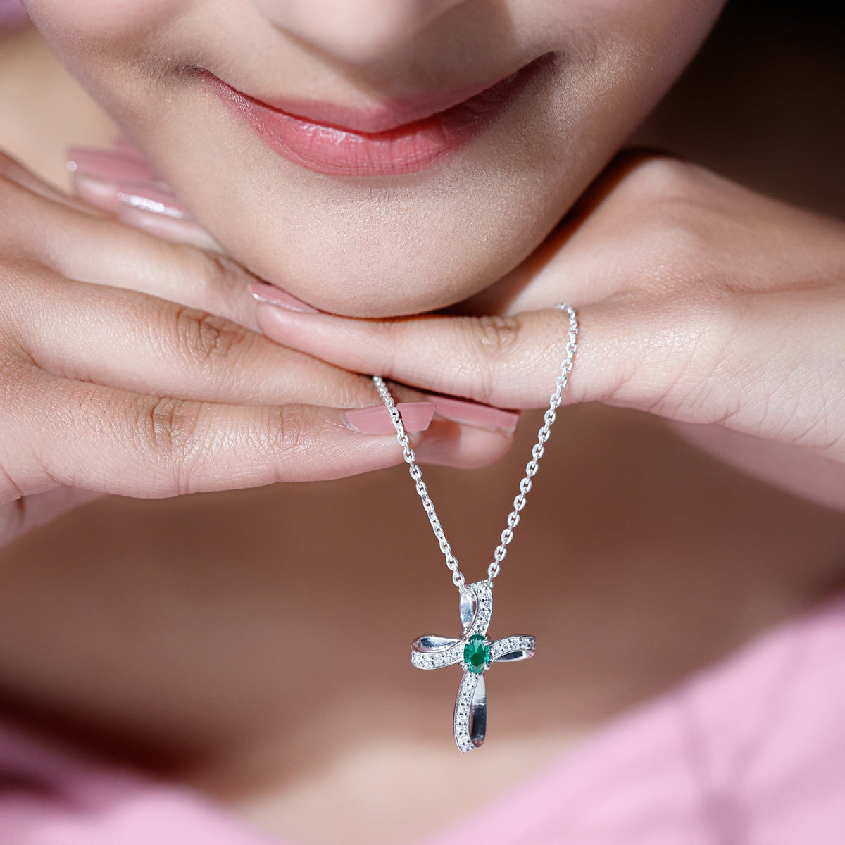 Certified Lab Grown Emerald Christian Cross Necklace With Silver Chain