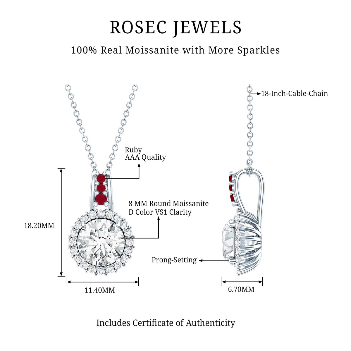 Sterling Silver 2 Carat Moissanite Halo Pendant Necklace with Ruby