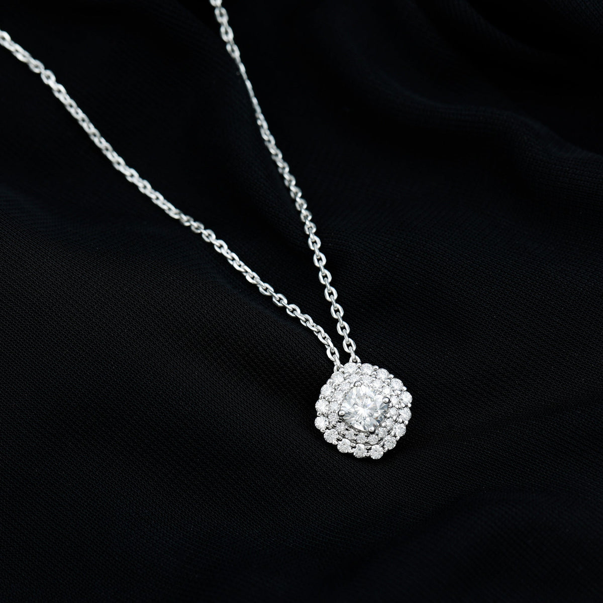 Certified Moissanite Double Halo Pendant Necklace with Silver Chain