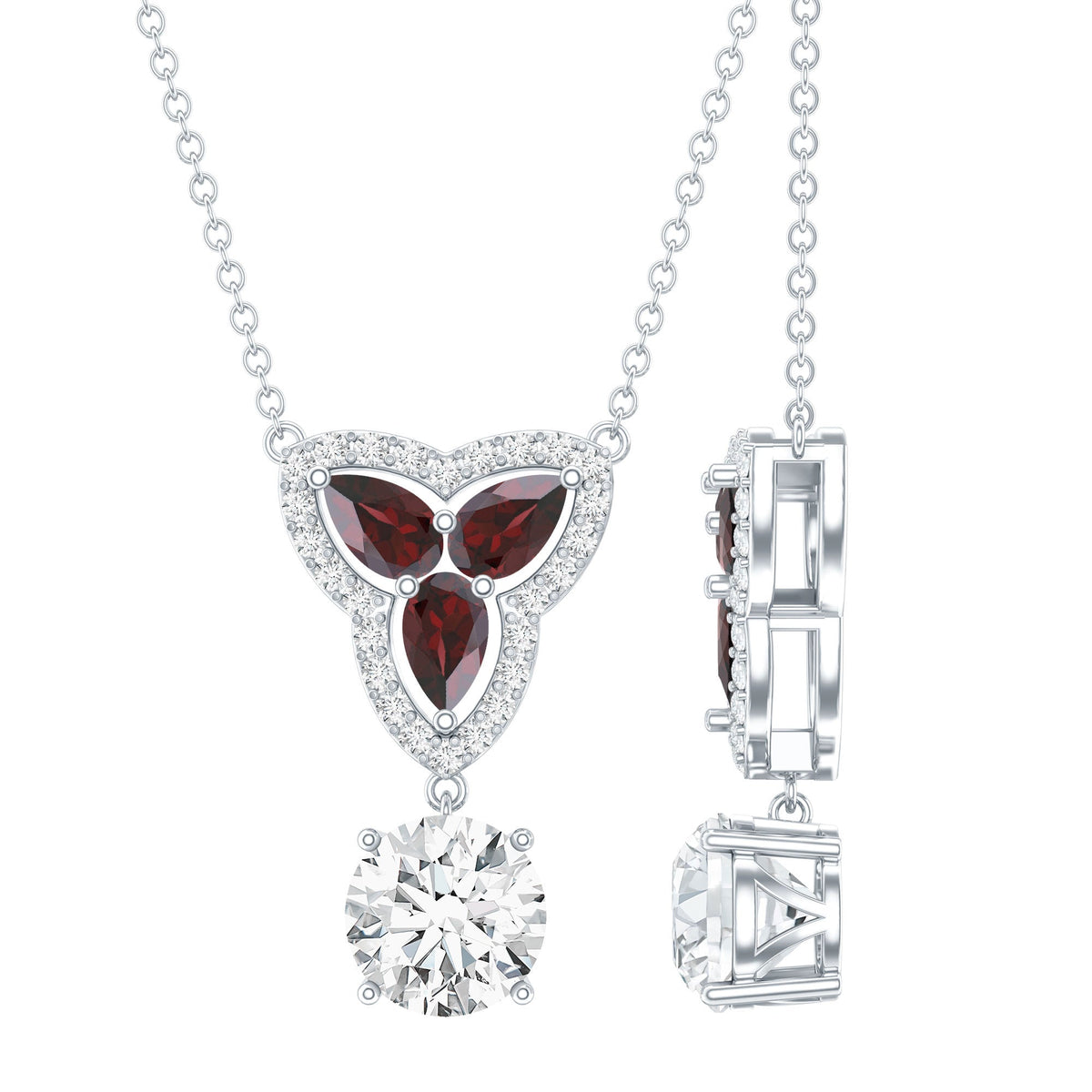 Certified Moissanite and Garnet Designer Bridal Necklace in Silver