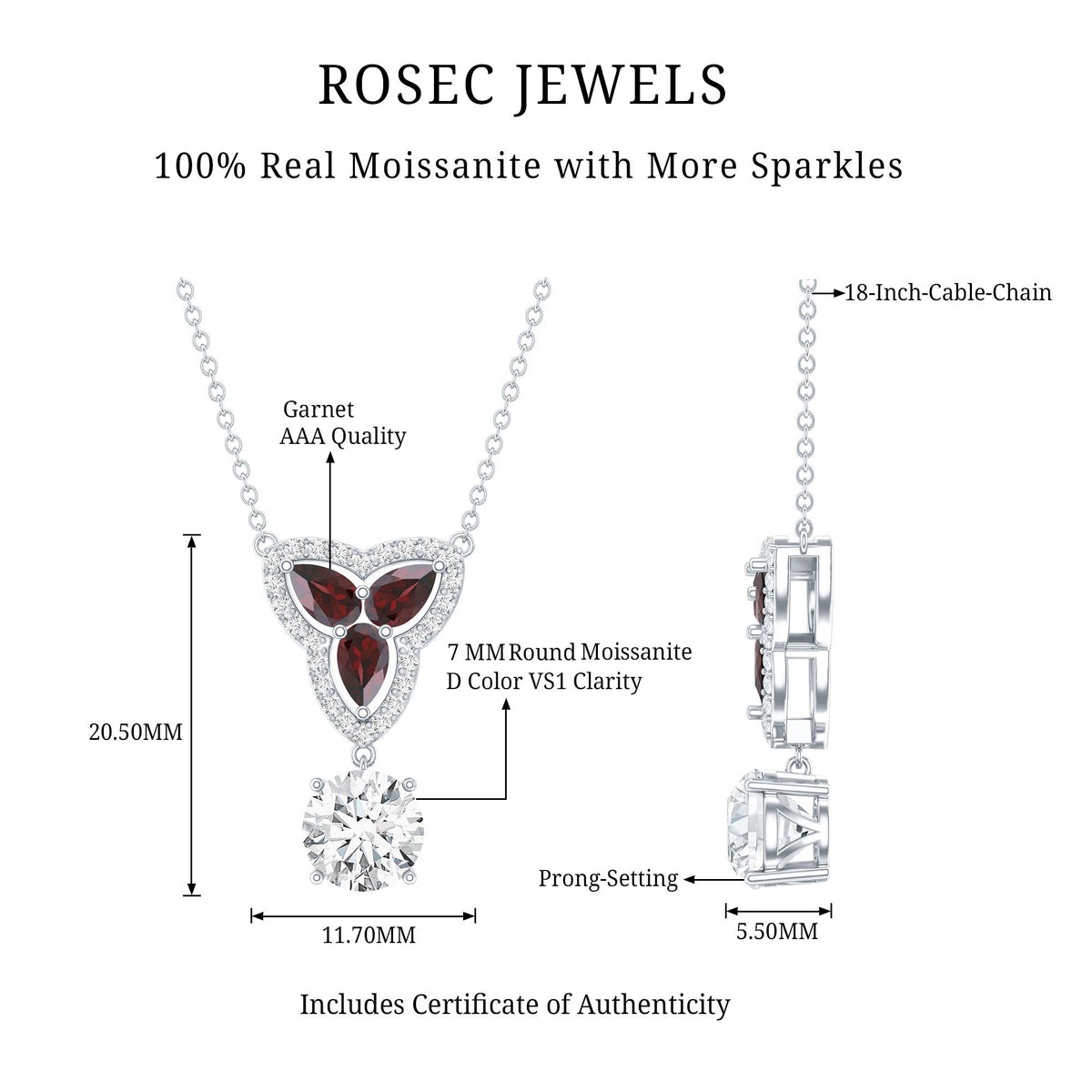 Certified Moissanite and Garnet Designer Bridal Necklace in Silver