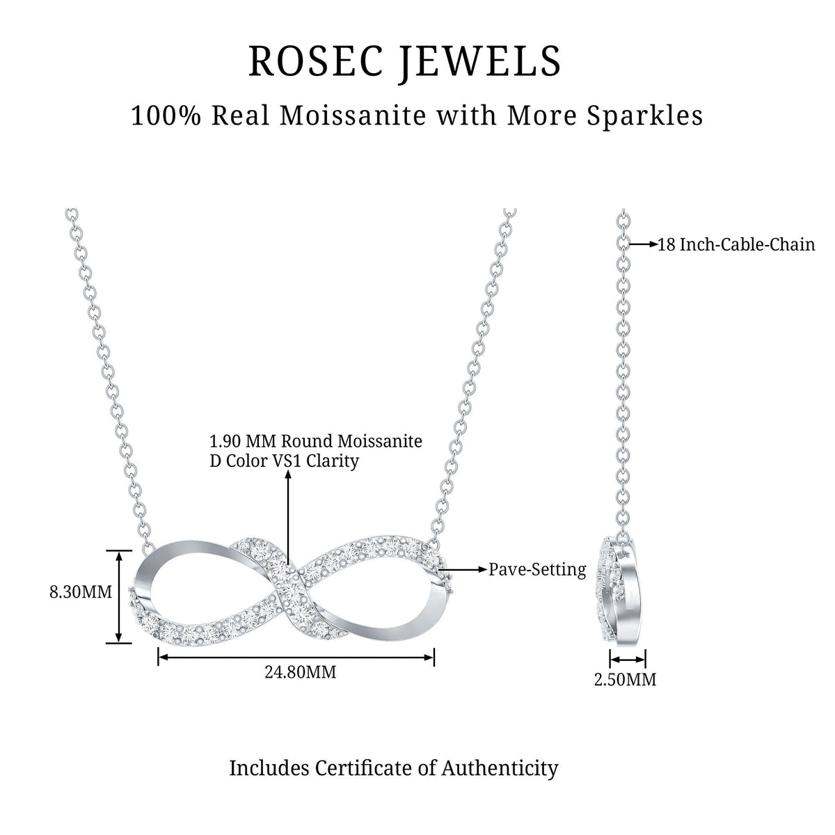 Moissanite Infinity Necklace with Silver Chain