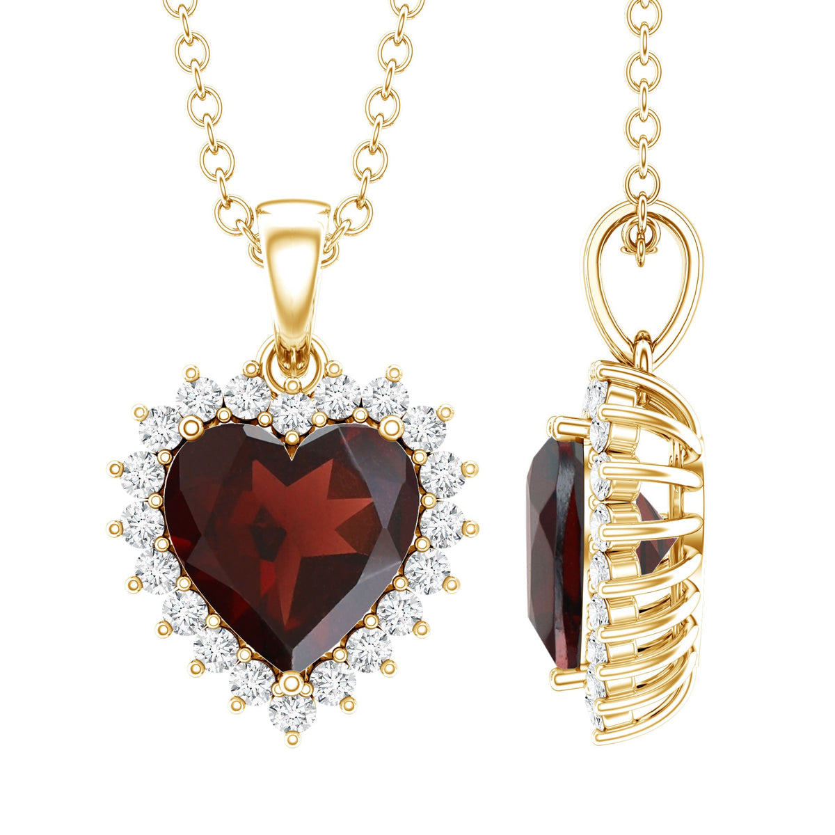 Garnet Heart Pendant Necklace with Moissanite Halo