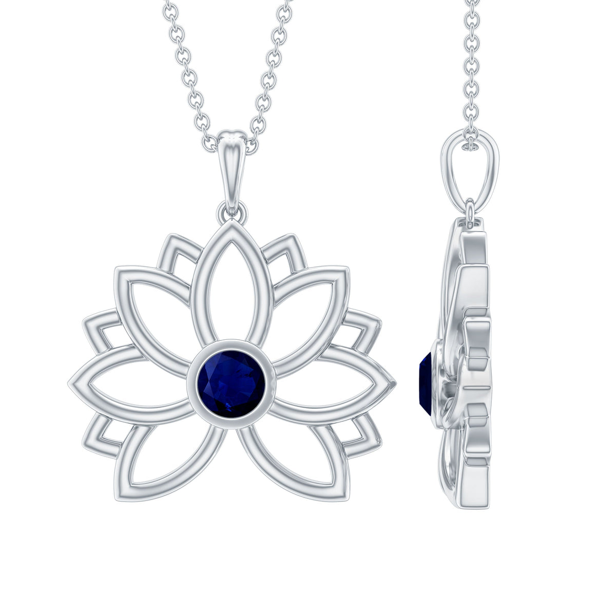 Real Blue Sapphire Lotus Flower Necklace with Chain
