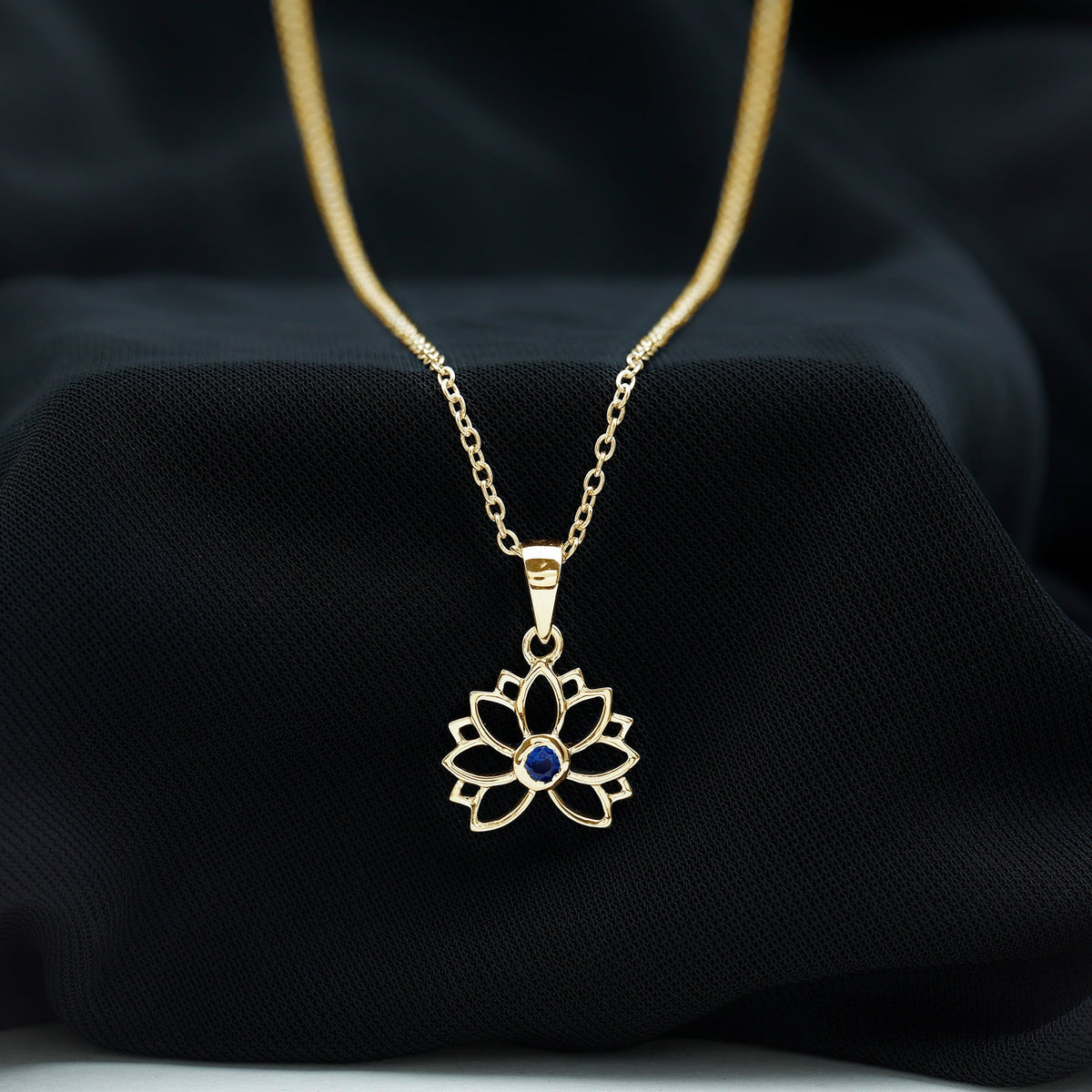 Lab Grown Blue Sapphire Lotus Flower Necklace With Chain