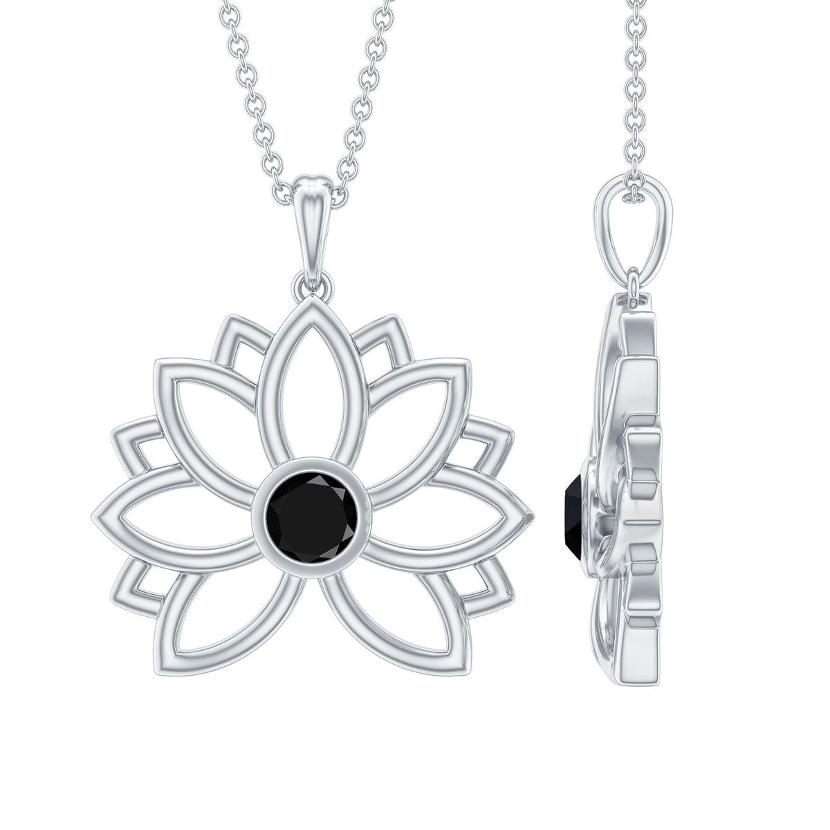 Bezel Set Lab Grown Black Diamond Lotus Flower Necklace