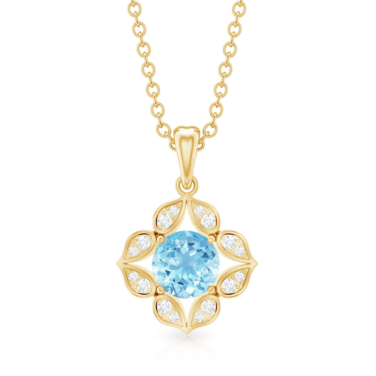 Natural Aquamarine Flower Pendant Necklace with Diamond