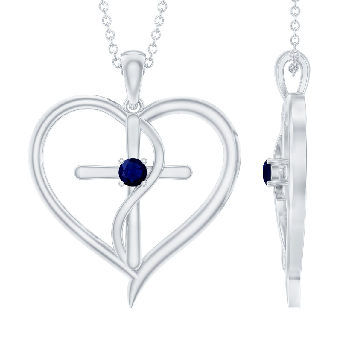 Natural Blue Sapphire Cross Heart Necklace for Women