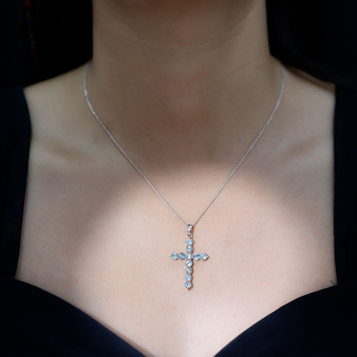 Womens Aquamarine Cross Pendant Necklace with Chain