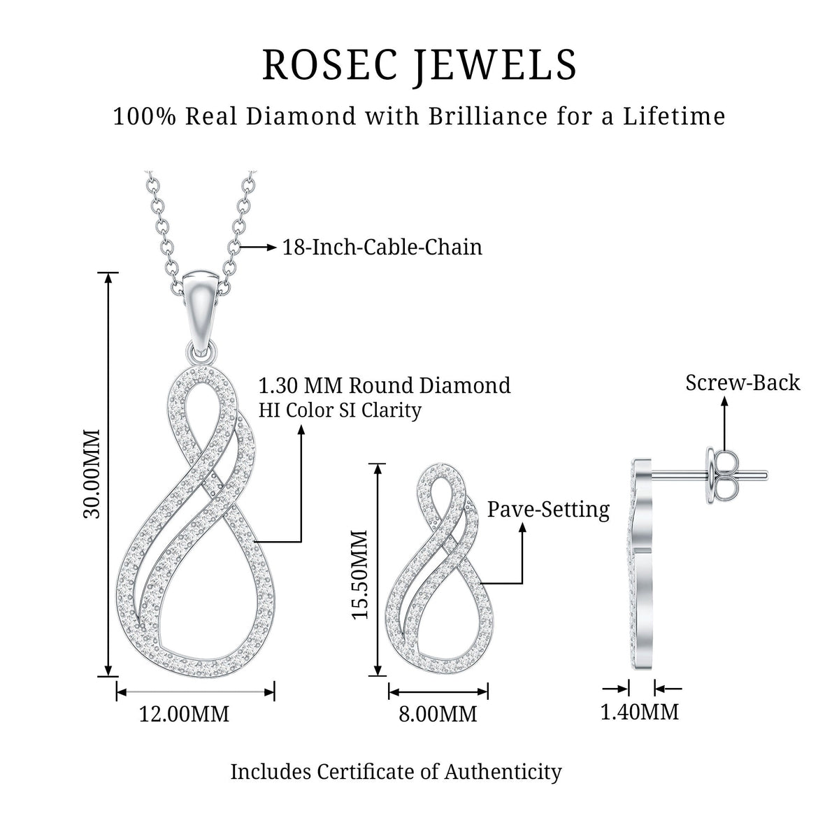 Diamond Infinity Necklace Earrings Set For Women