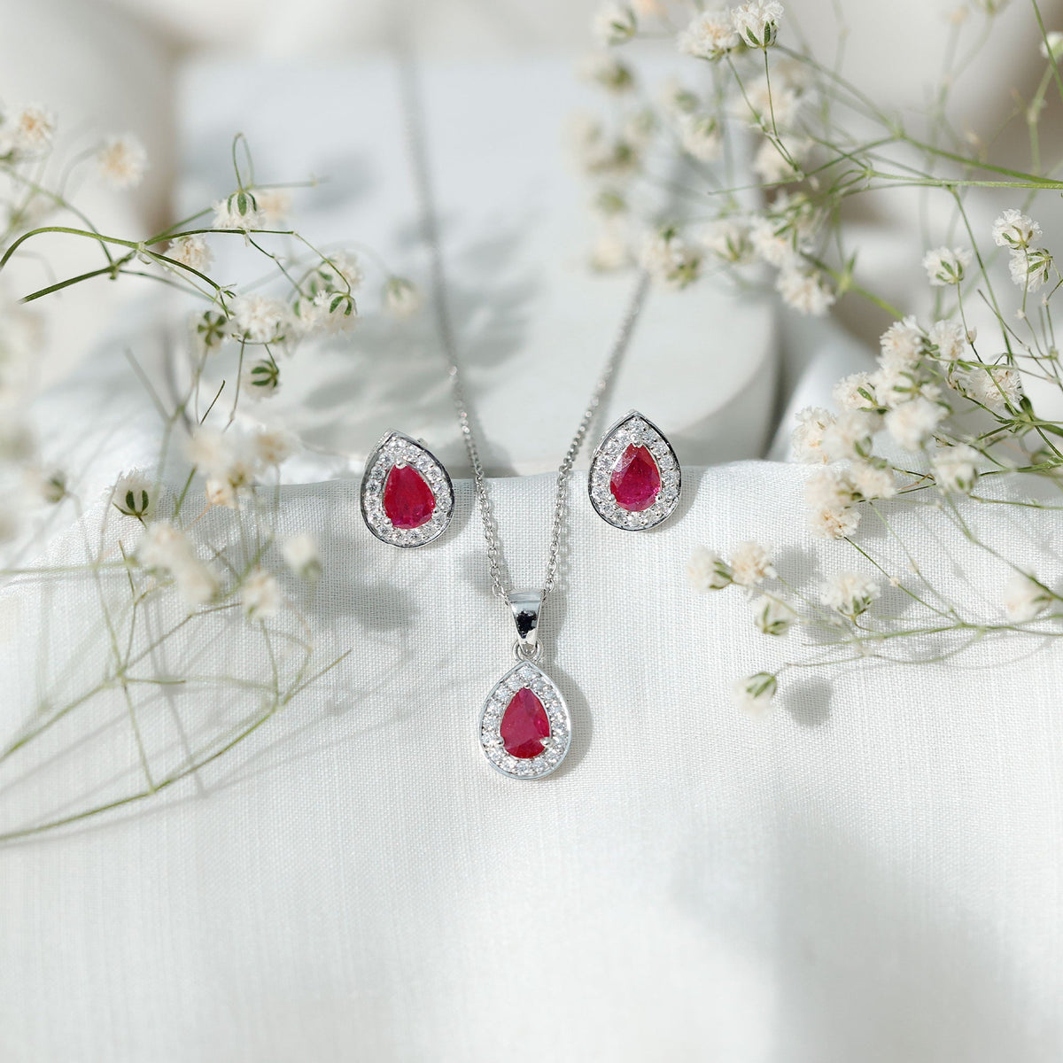 Genuine Pear Cut Ruby and Moissanite Halo Pendant and Earrings Set