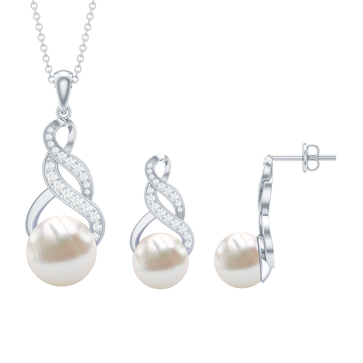 Round Freshwater Pearl and Diamond Bridal Drop Jewelry Set