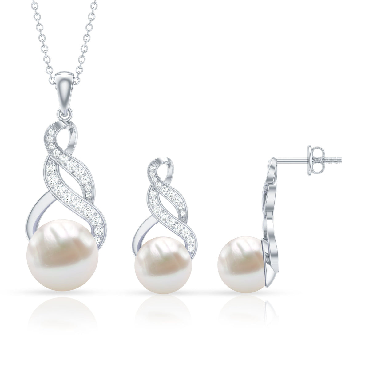 Round Freshwater Pearl and Diamond Bridal Drop Jewelry Set