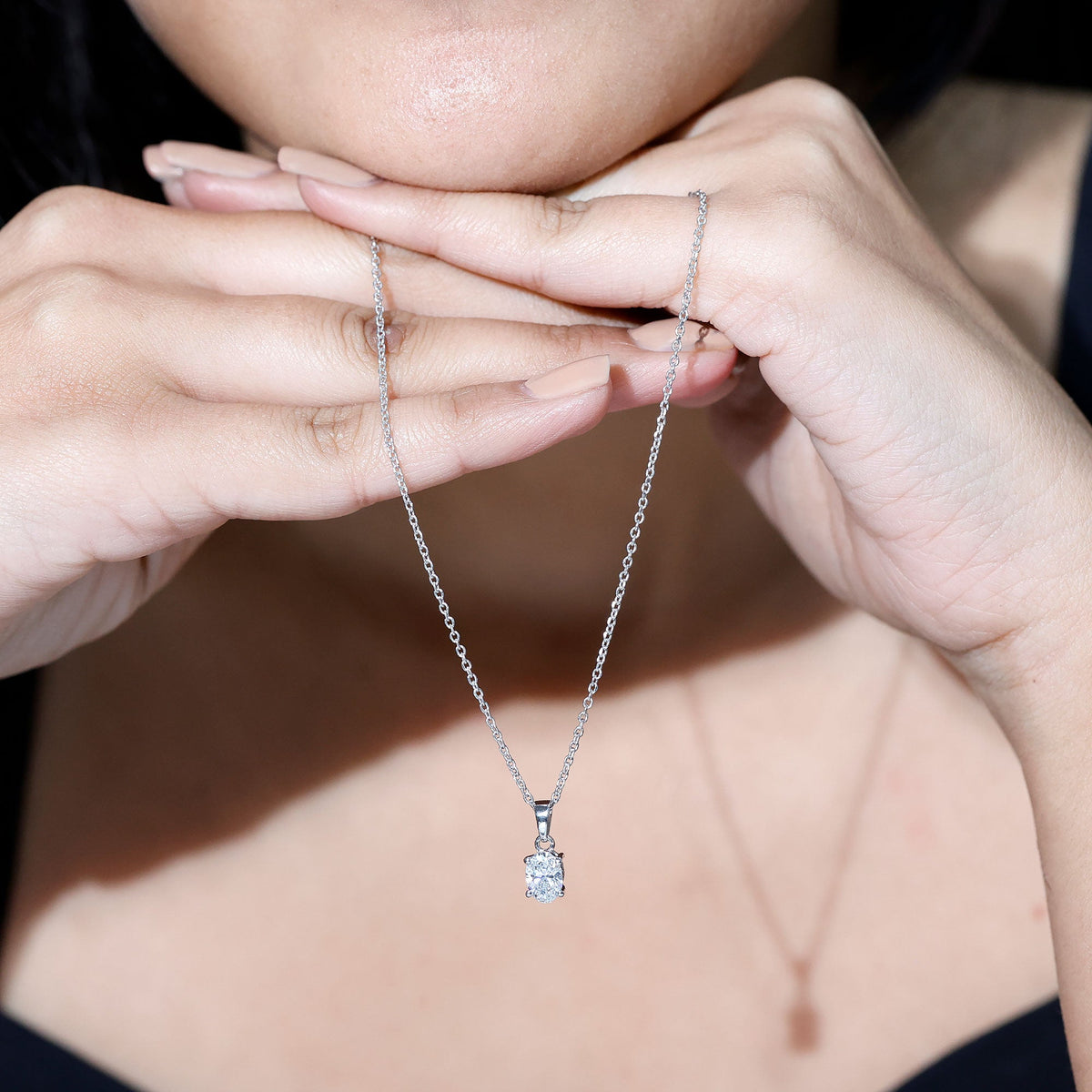 0.75 Carat Oval Lab Grown Diamond Solitaire Necklace with Silver Chain