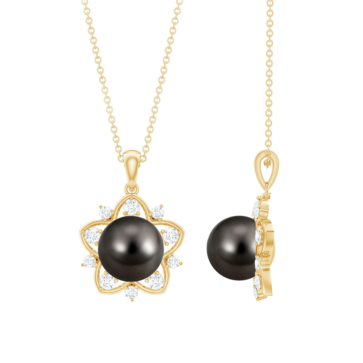 Real Tahitian Pearl and Diamond Star Pendant Necklace With Chain