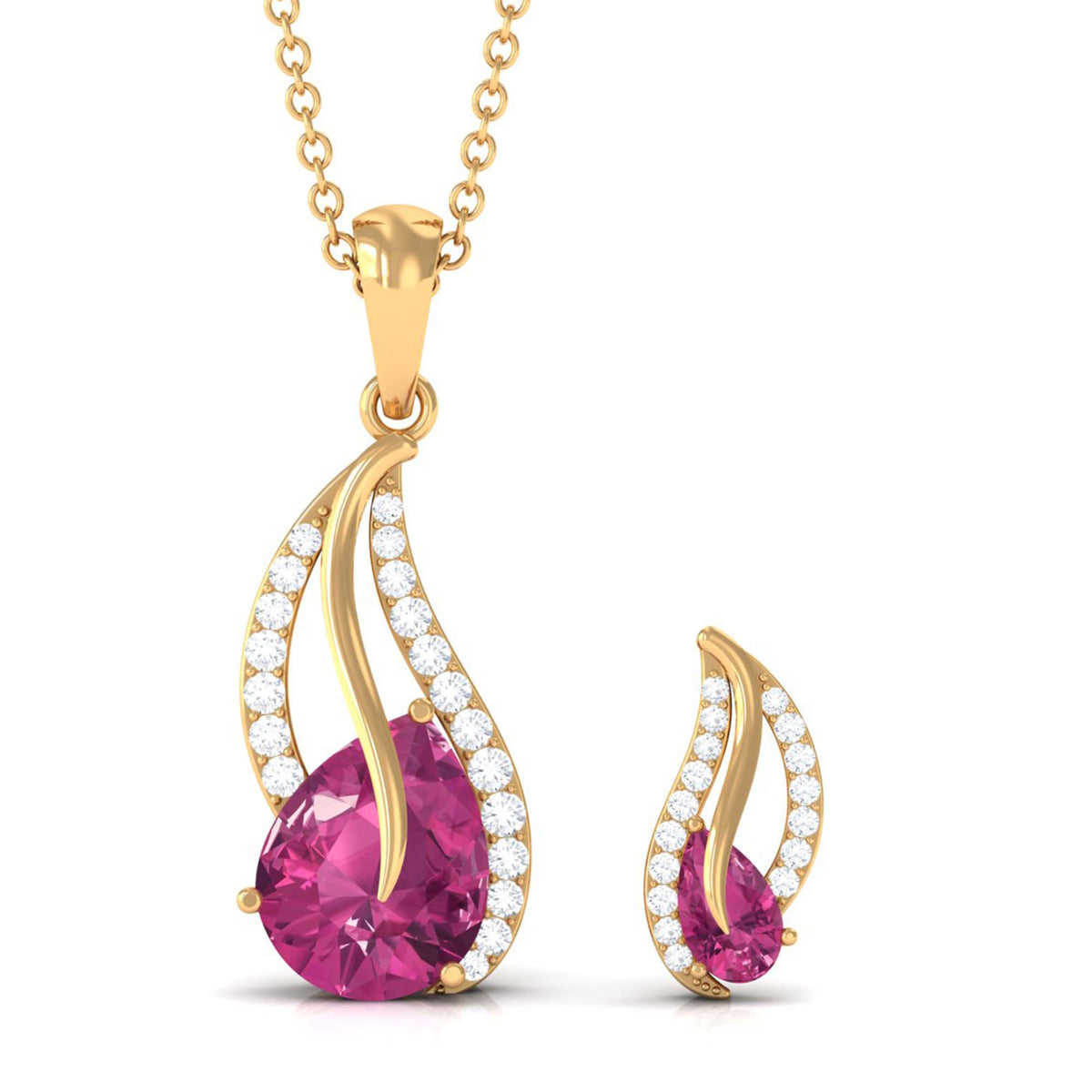 Pear Shaped Pink Tourmaline and Diamond Leaf Jewelry Set