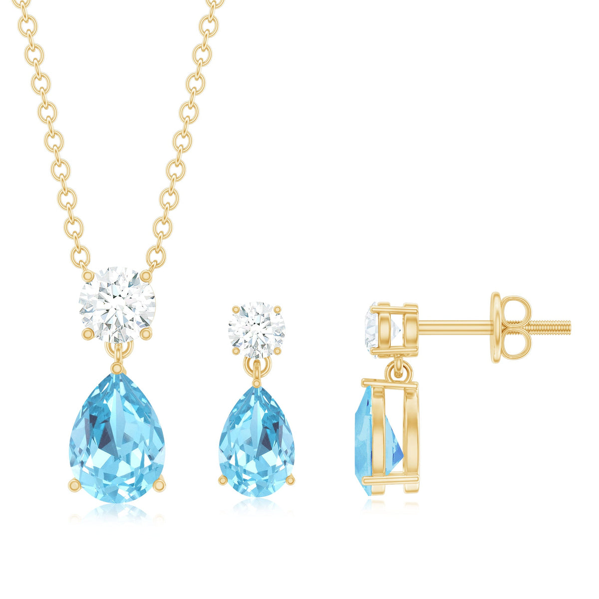 Real Pear Cut Aquamarine Teardrop Jewelry Set with Diamond