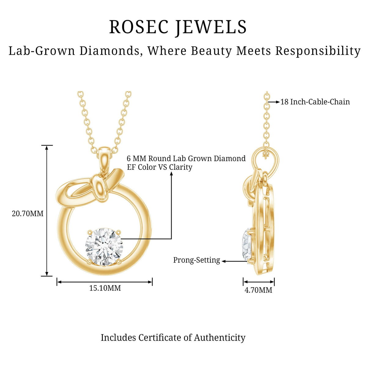 Round Lab Grown Diamond Open Circle Necklace with Bow