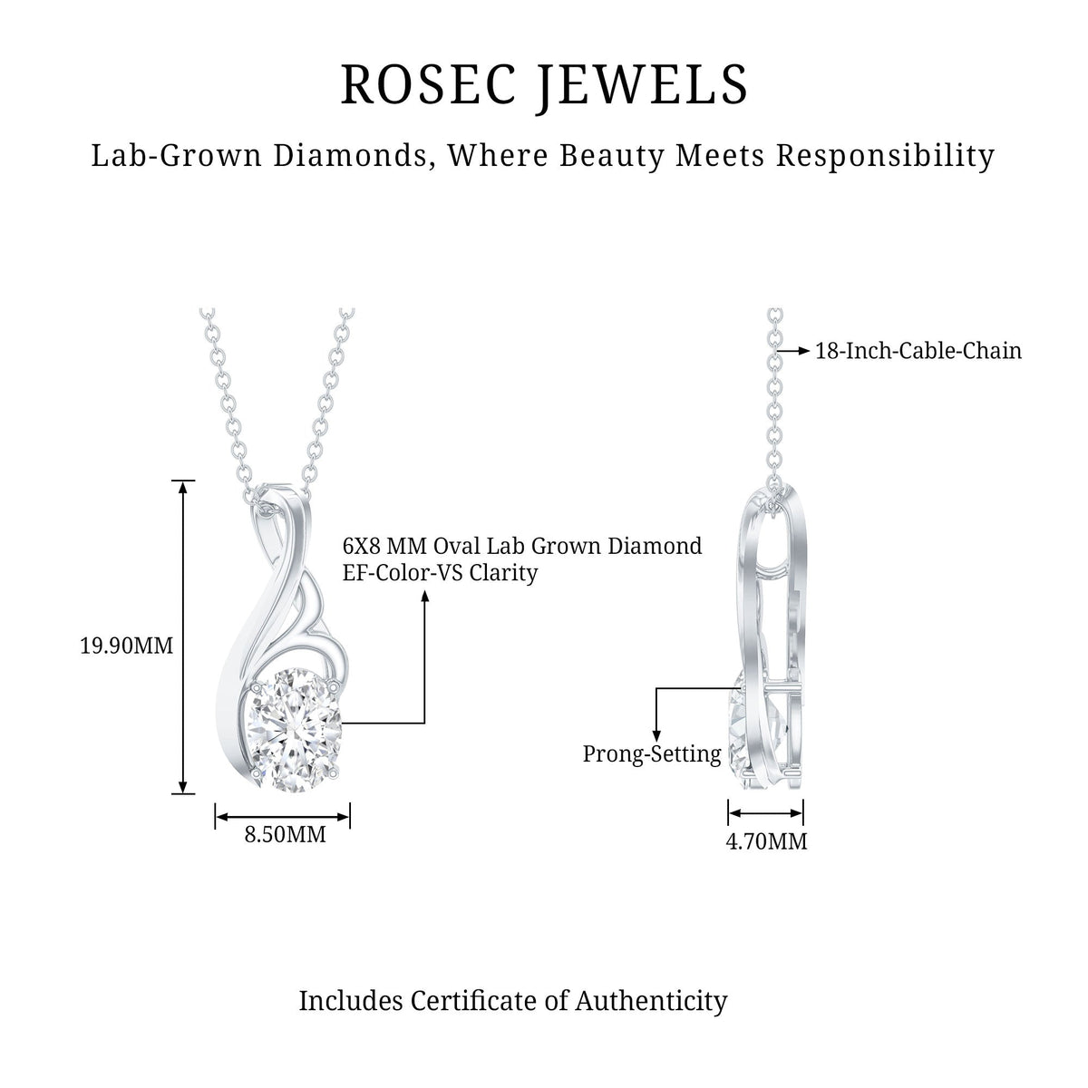 Certified Oval Lab Grown Diamond Solitaire Pendant Necklace