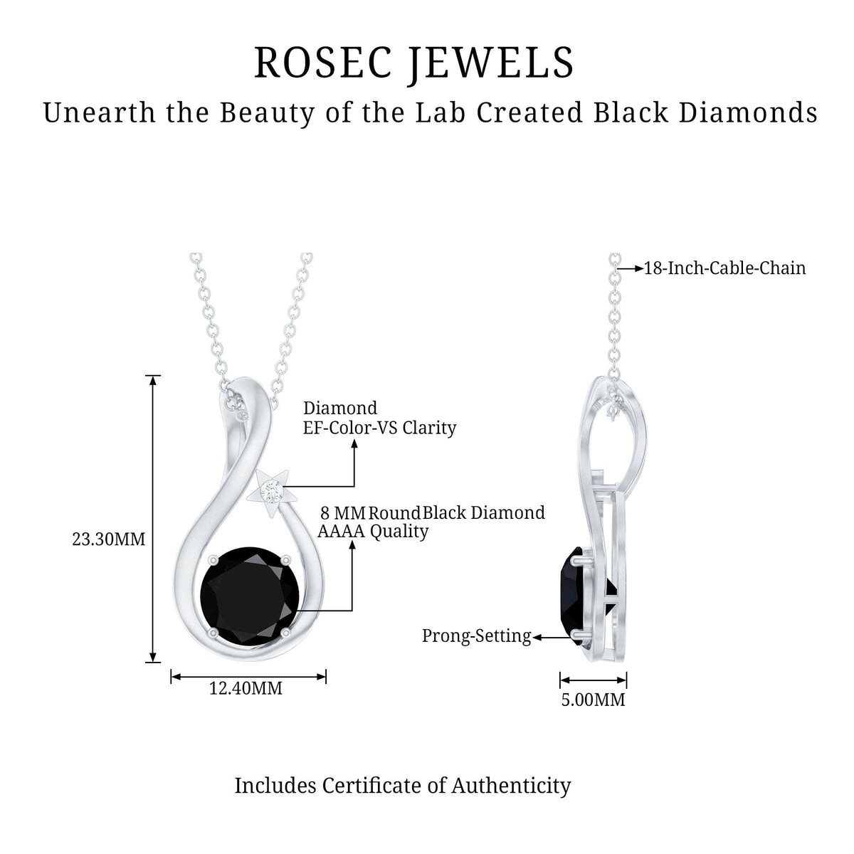 Womens Lab Grown Black and White Diamond Solitaire Star Drop Necklace