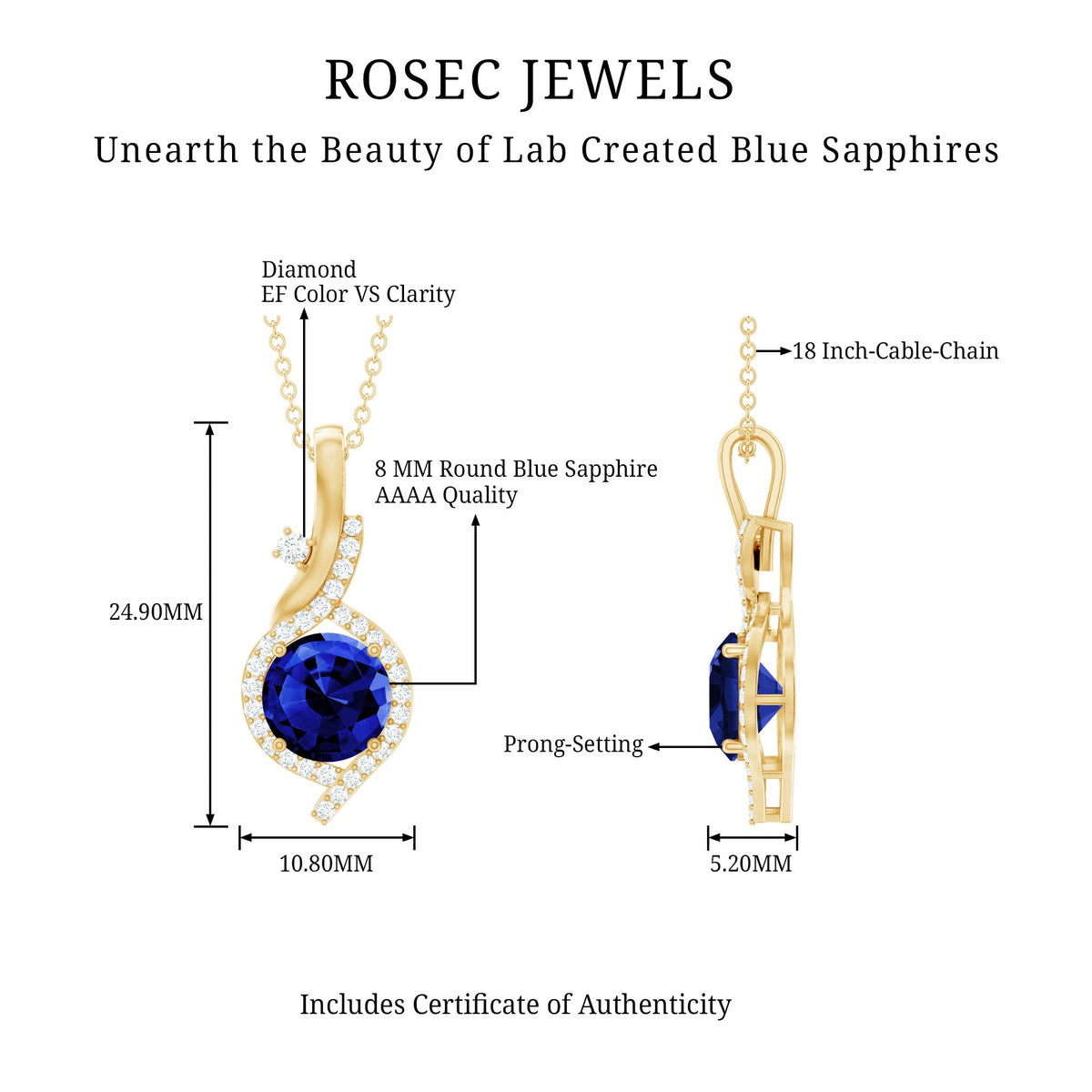 Certified Lab Grown Blue Sapphire Pendant Necklace With Diamonds
