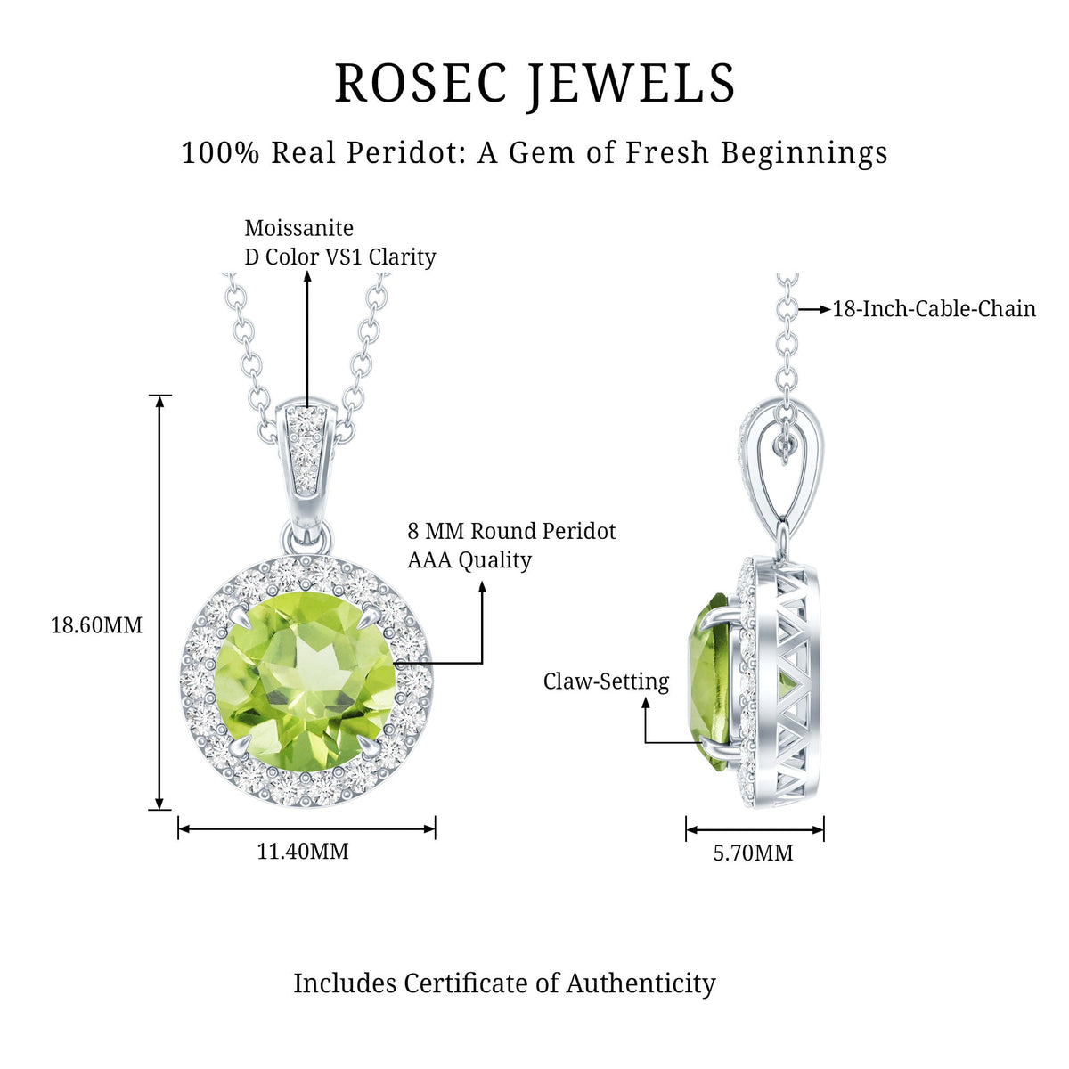 Sterling Silver 2 Carat Peridot Pendant Necklace with Halo