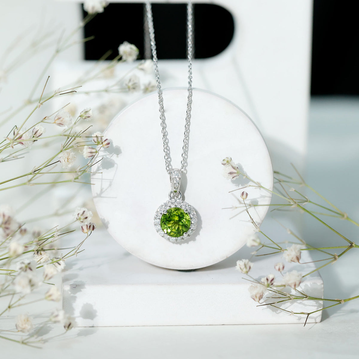 Sterling Silver 2 Carat Peridot Pendant Necklace with Halo
