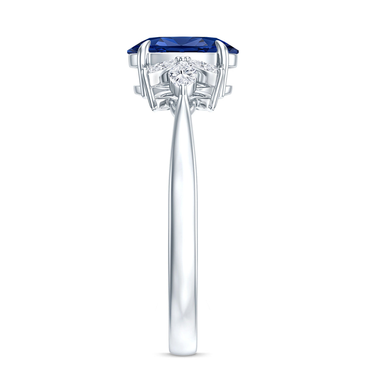 Certified 1.5 Carat Oval Lab Grown Blue Sapphire Engagement Ring with Diamond Trio