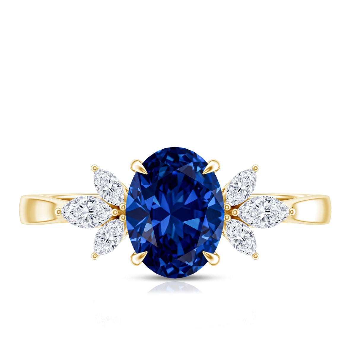 Certified 1.5 Carat Oval Lab Grown Blue Sapphire Engagement Ring with Diamond Trio