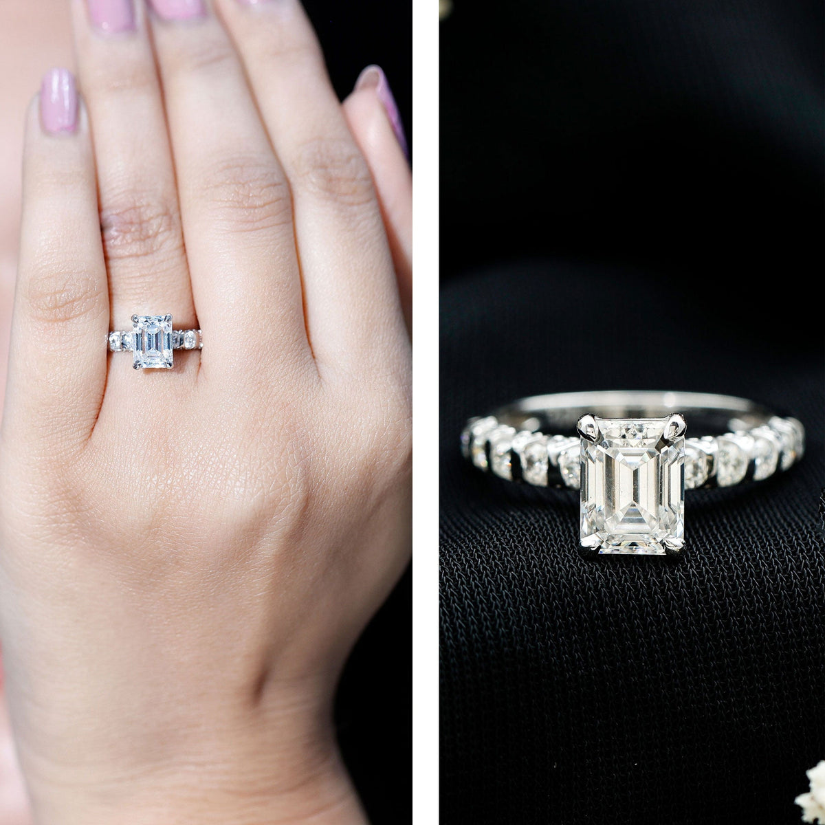 Octagon Moissanite Solitaire Engagement Ring with Side Stones
