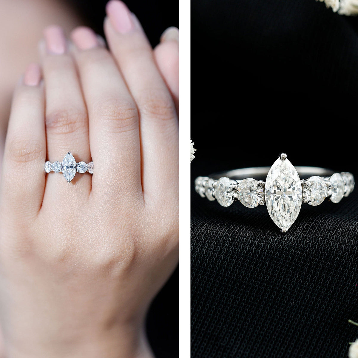 Marquise Moissanite Engagement Ring With Side Stones