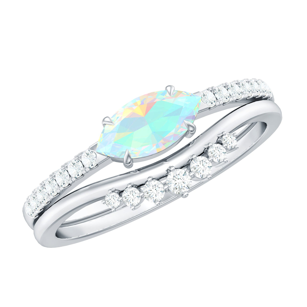 Natural Ethiopian Rainbow Opal Diamond East West Engagement Ring Wedding Band Set