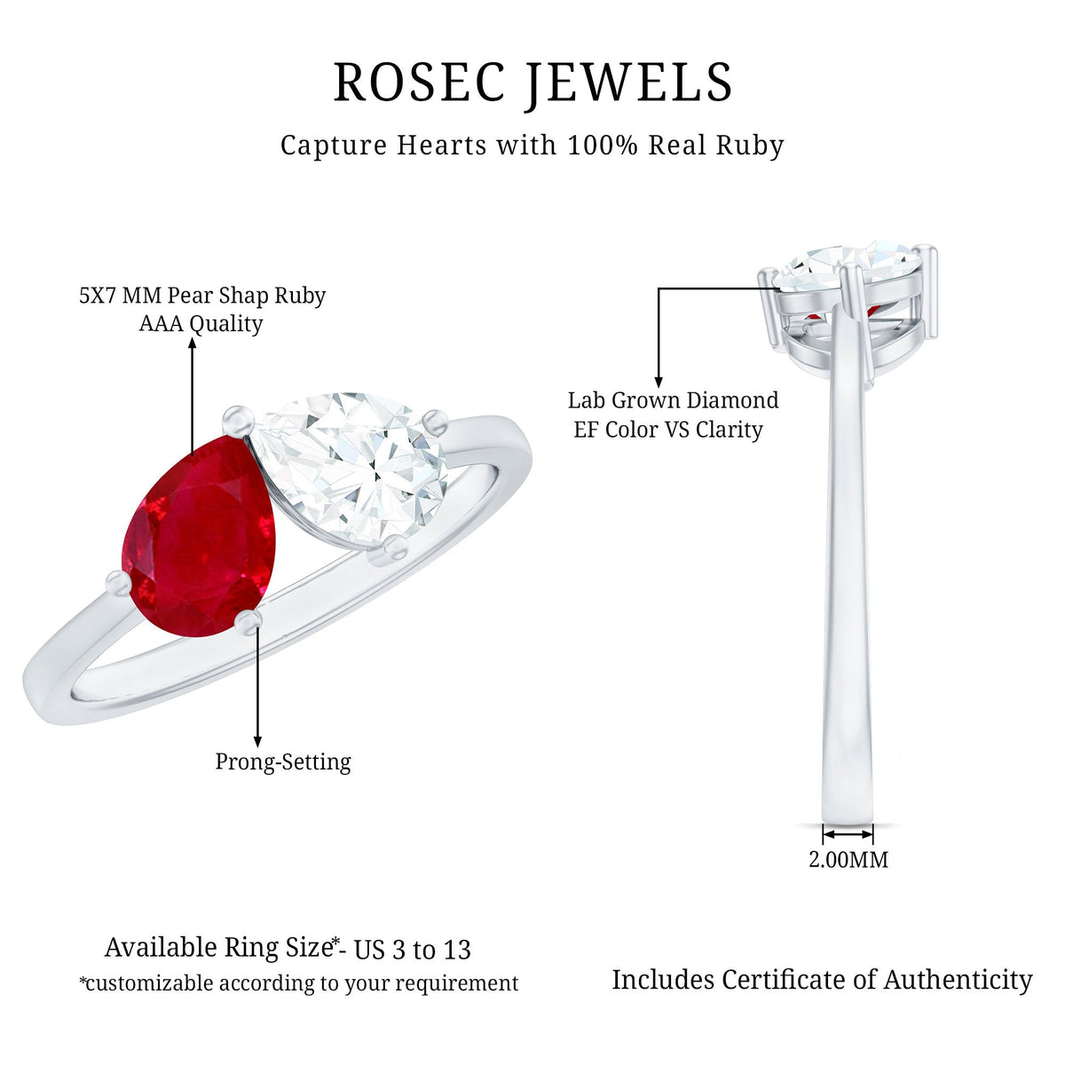 Certified Ruby and Diamond Toi Et Moi Promise Ring