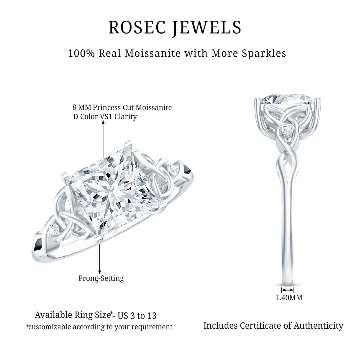 3 Carat Princess Cut Moissanite Solitaire Engagement Celtic Ring