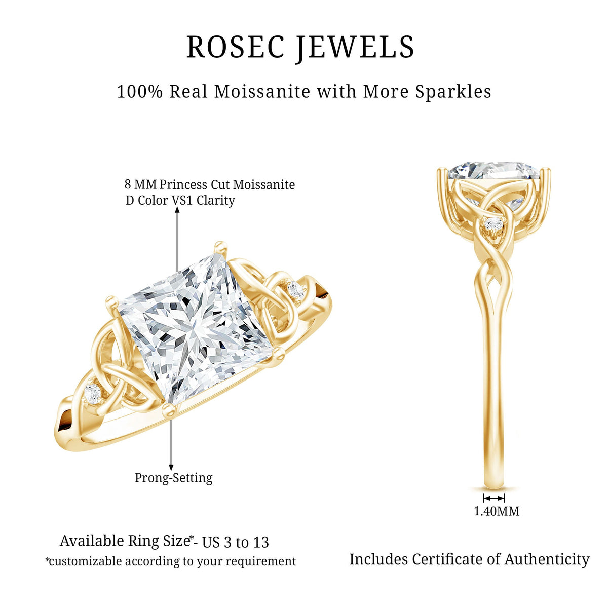 3 Carat Princess Cut Moissanite Solitaire Engagement Celtic Ring