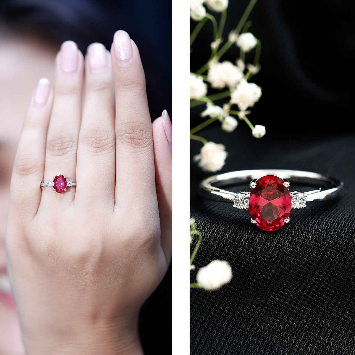 Classic Lab Grown Ruby Oval Engagement Ring With Diamond