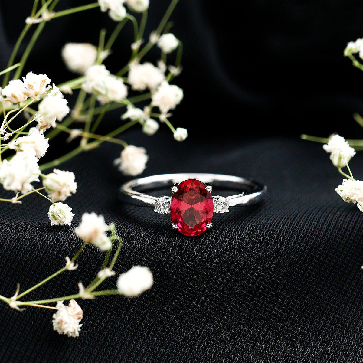 Classic Lab Grown Ruby Oval Engagement Ring With Diamond