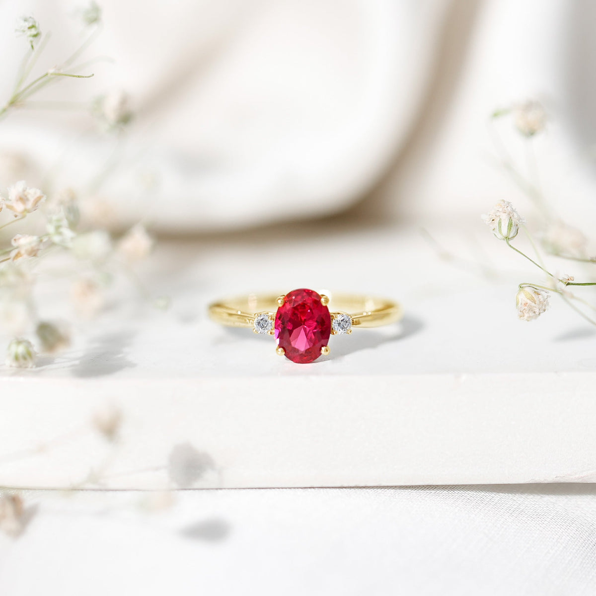 Classic Lab Grown Ruby Oval Engagement Ring With Diamond