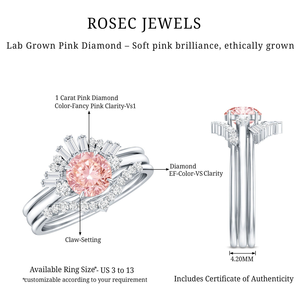 IGI Certified Lab Grown Pink White Diamond Trio Wedding Ring Set