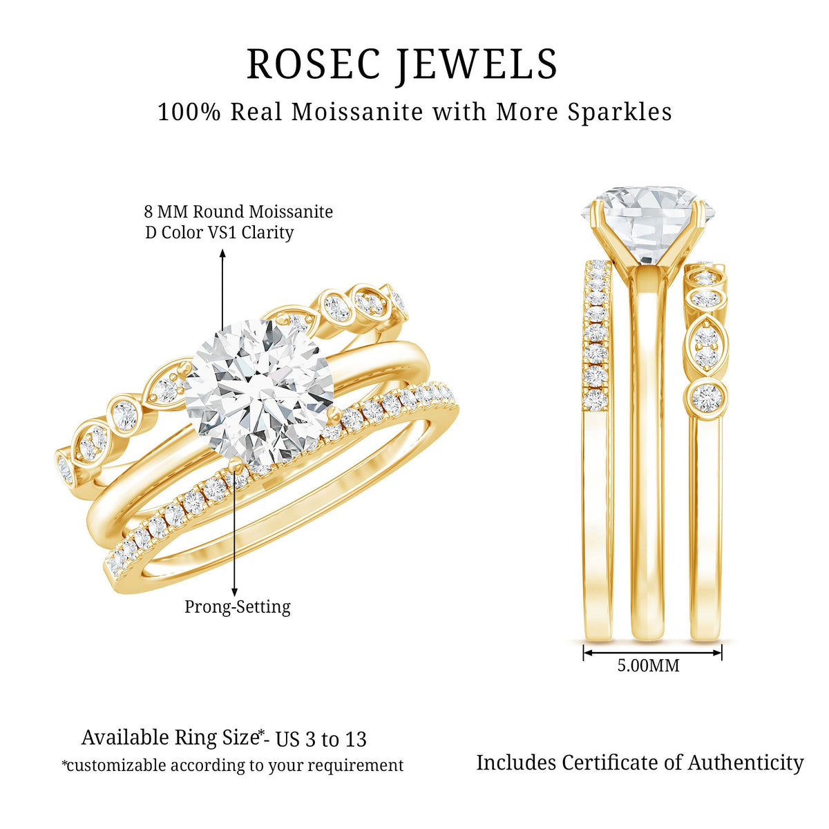 Round shape Solitaire Moissanite Trio Wedding Ring Set