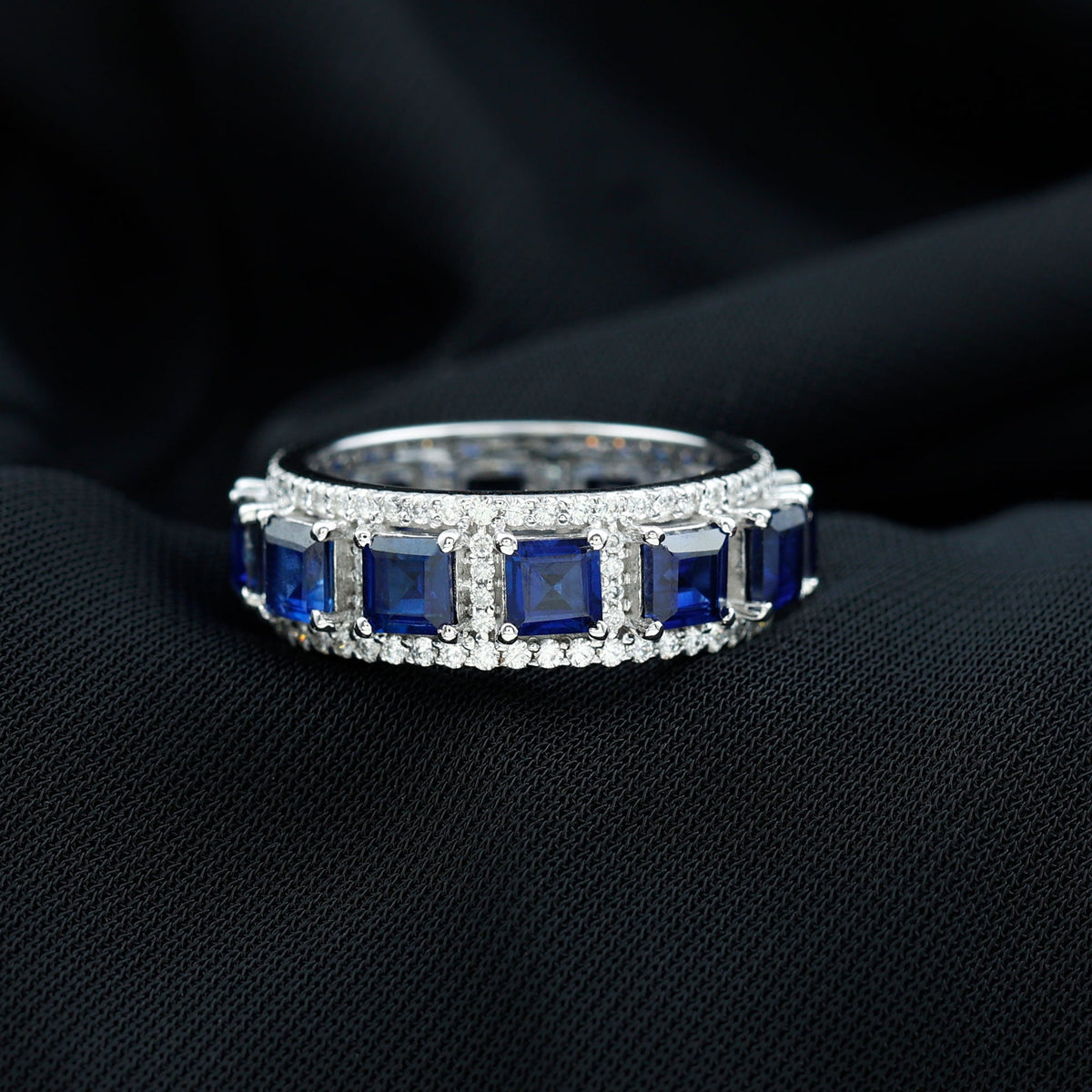 Princess Cut Lab Created Blue Sapphire Statement Wedding Band with Moissanite