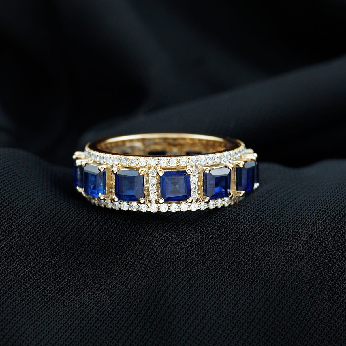 Princess Cut Lab Created Blue Sapphire Statement Wedding Band with Moissanite