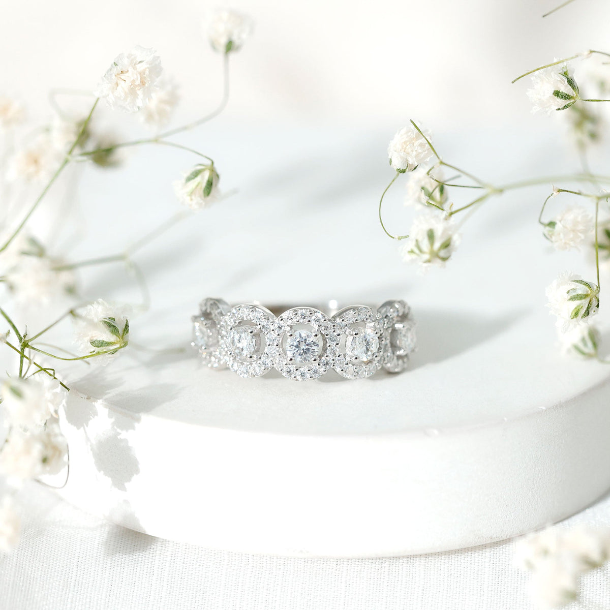 Certified Round Cut Moissanite Halo Classic Band Ring