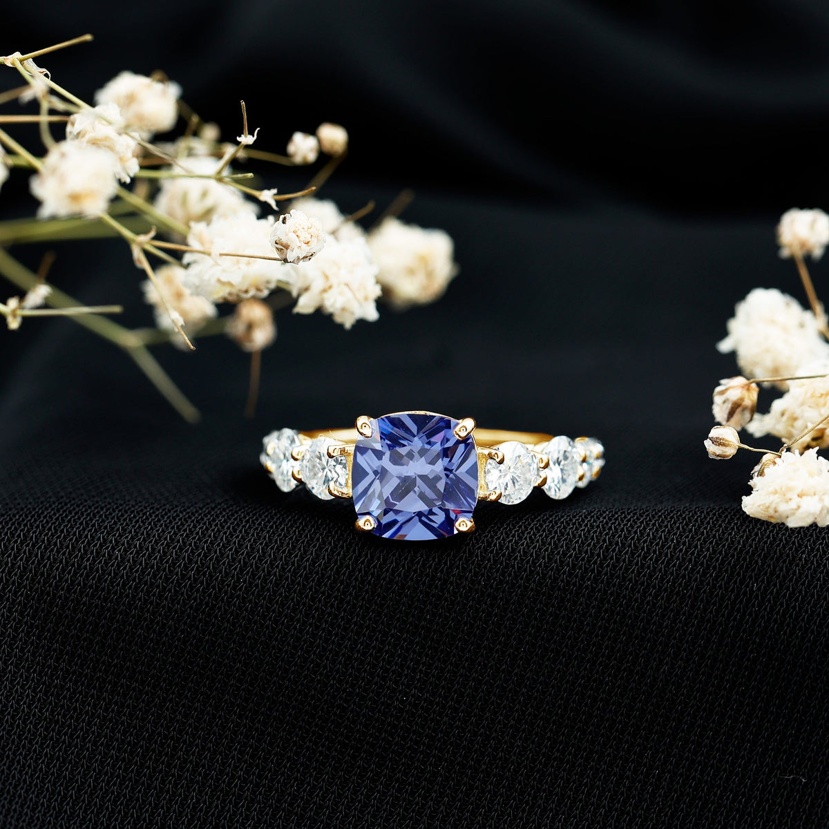 Certified 2.75 Carat Lab Grown Blue Sapphire Cushion Cut Engagement Ring with Moissanite