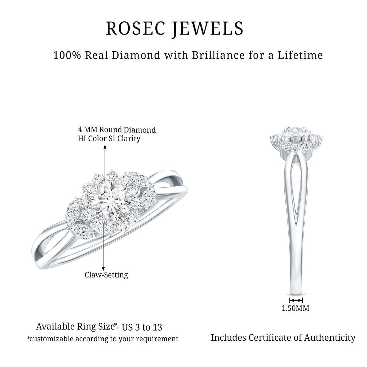 Diamond Flower Engagement Ring with Split Shank