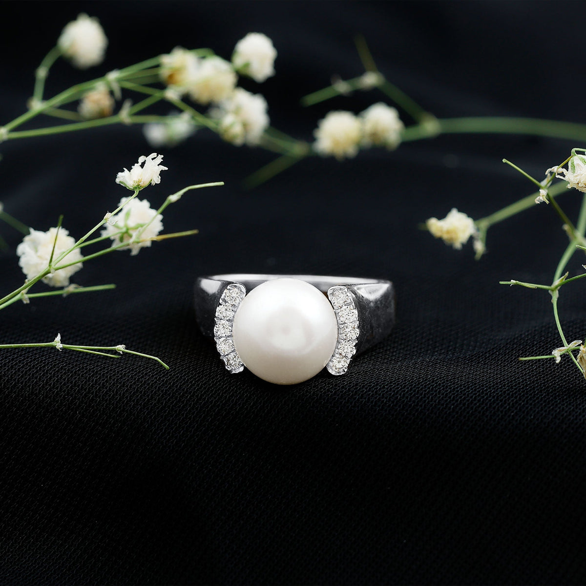 8 Carat Freshwater Pearl Statement Engagement Ring with Diamond