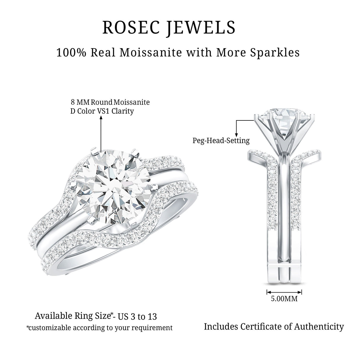 Certified 2 Carat Solitaire Moissanite Engagement Ring with 2 Enhancers