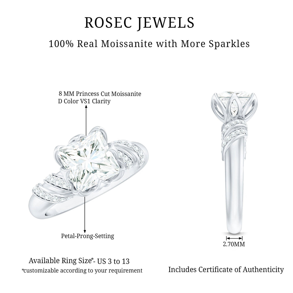 Certified Princess Cut Moissanite Designer Engagement Ring