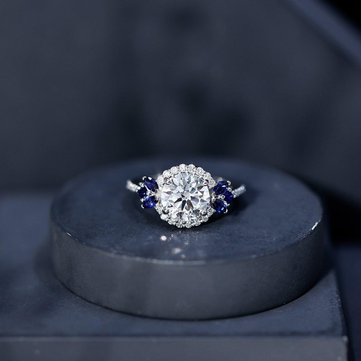 3 Carat Lab Grown Diamond Halo Engagement Ring With Blue Sapphire