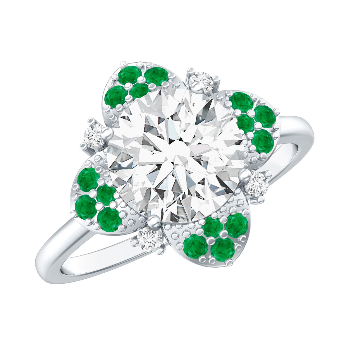 Certified Lab Grown Diamond Flower Engagement Ring With Emerald